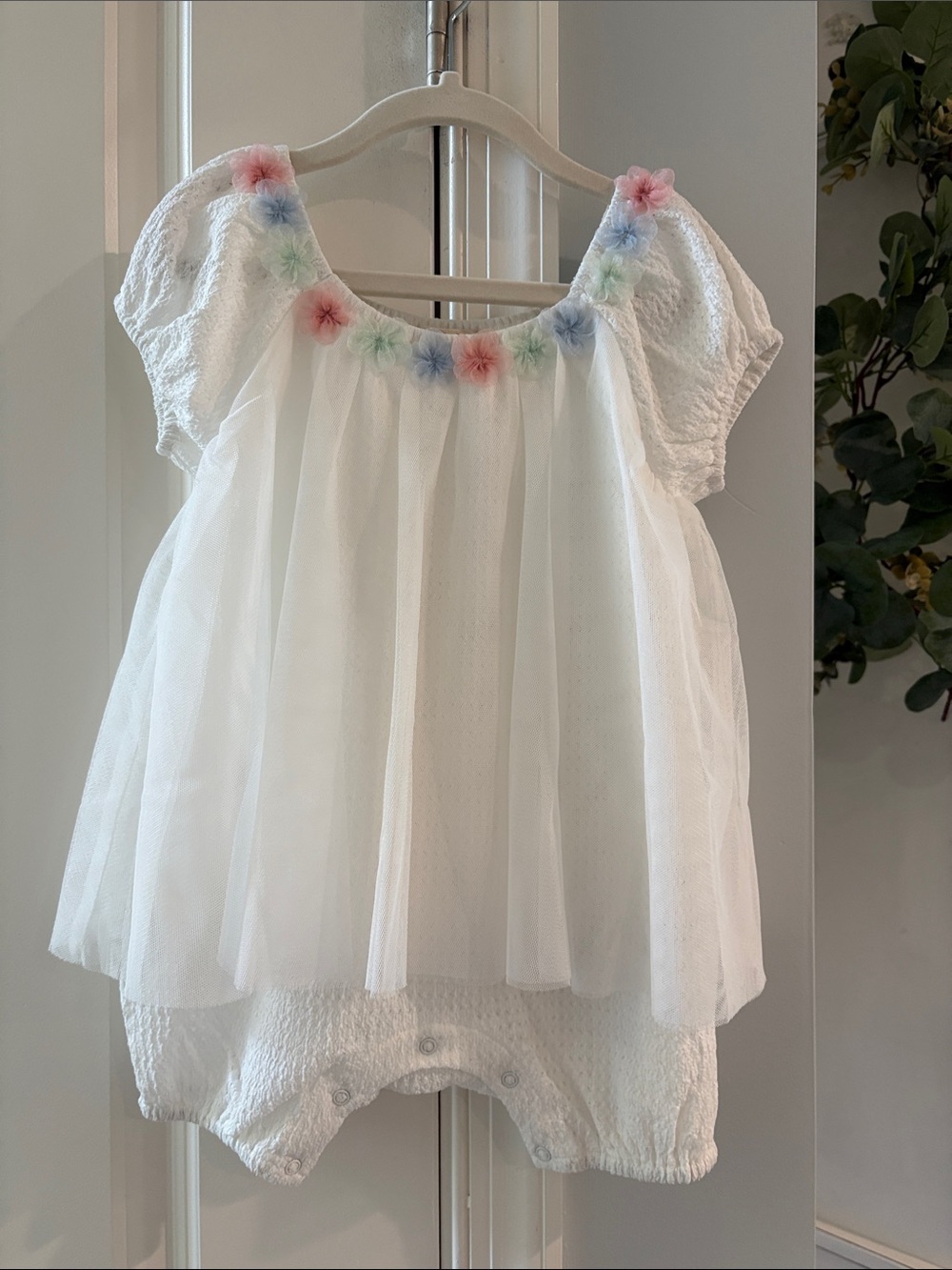 Peek White Tulle Romper with Pastel Flower Trim